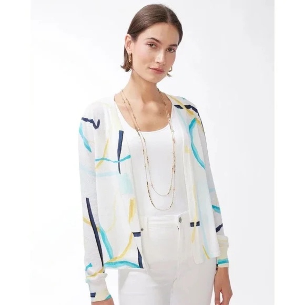 NWT Chico’s Summer Romance Abstract Open Front Cardigan Size M Coastal